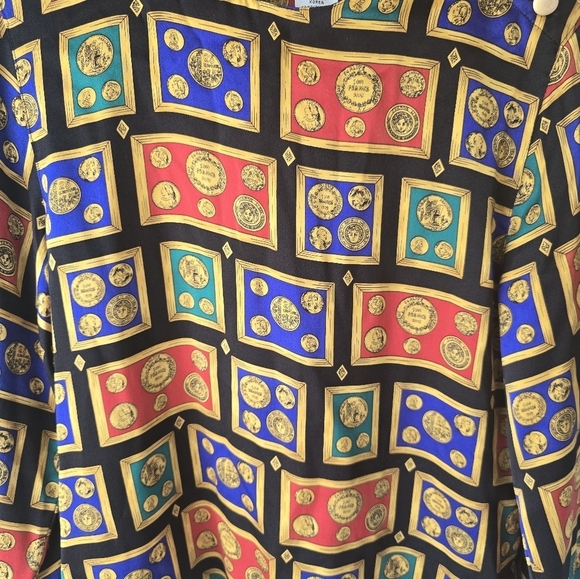 Talbots Vintage 100% Silk Blouse Sz 6 Roman Coins Francs Gold Buttons Boho Artsy - Picture 7 of 12